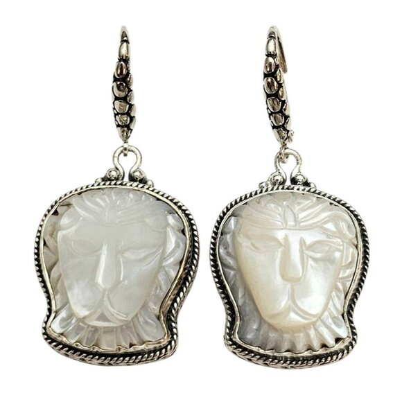Sarda Sterling Silver Mother-of-Pearl Carved Lion Lever Back Earrings, Signed - Picture 10 of 10